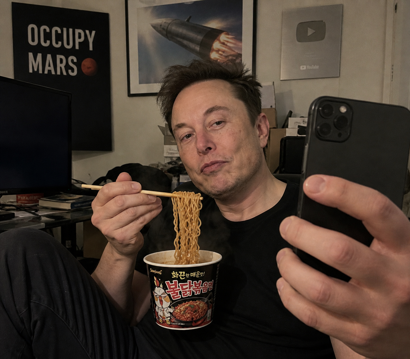 he's eating noodles